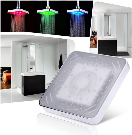 Shower Head 3 Colors Changing LED Showerhead Bathroom Rainfall Shower 6 Inch Square Temperature Control