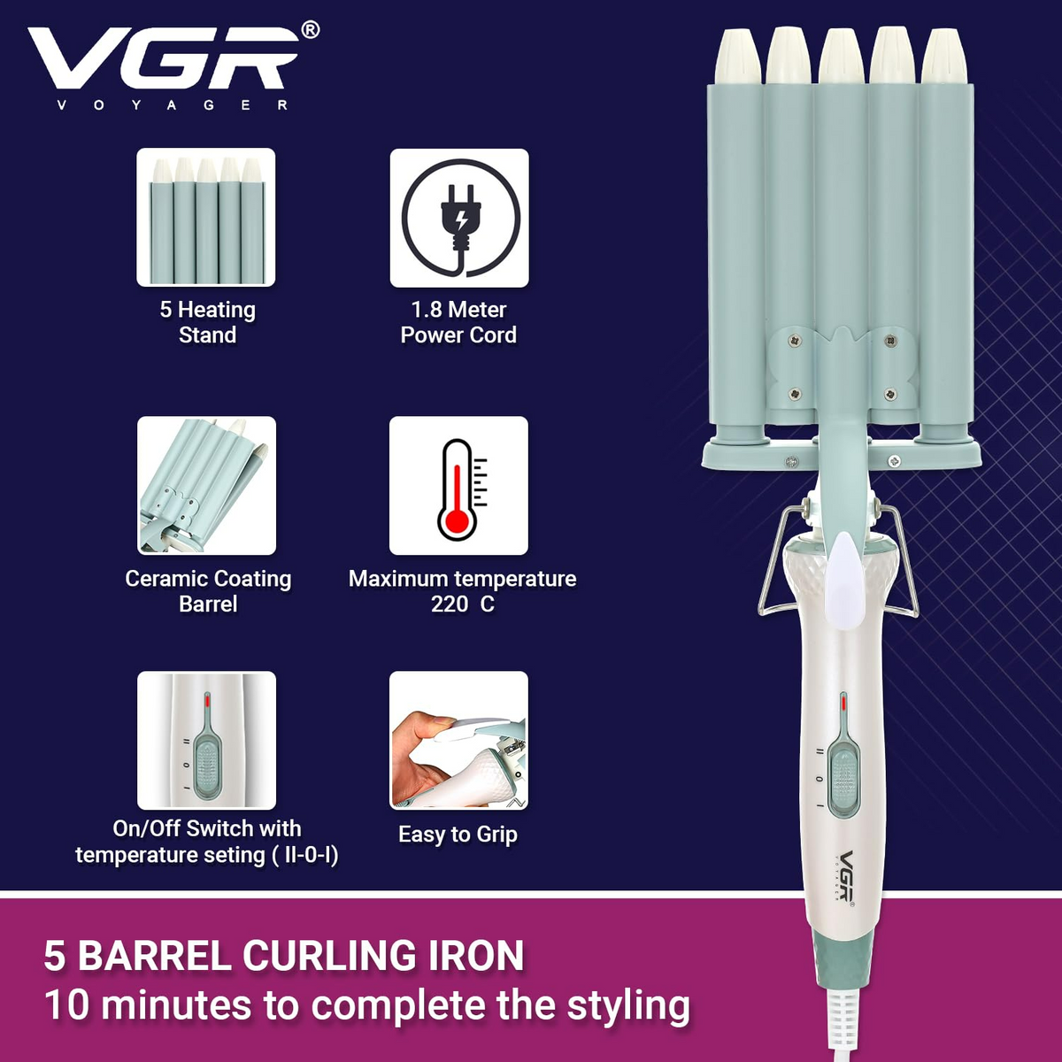 VGR V597, Wavy Hair 5 Barrels Curling Iron