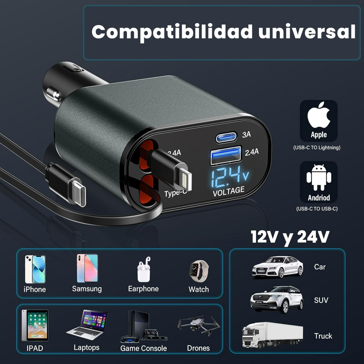 120W 4-in-1 Retractable Car Charger