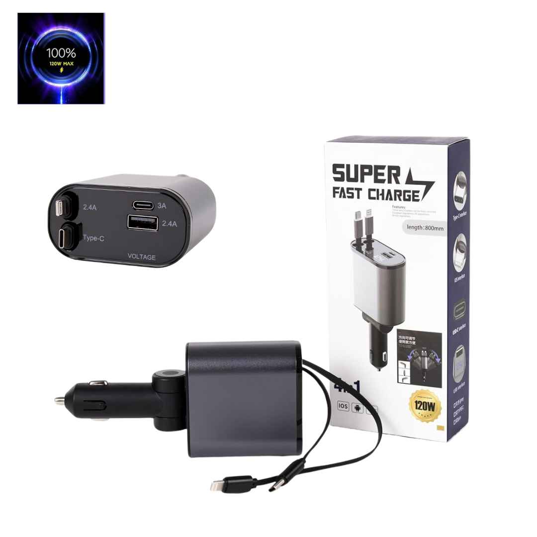 120W 4-in-1 Retractable Car Charger