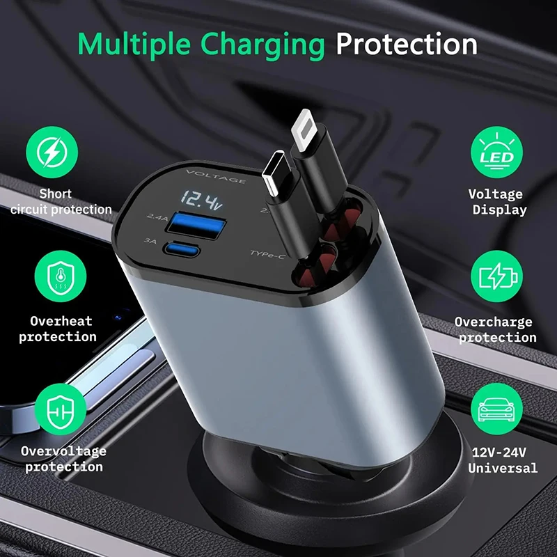 120W 4-in-1 Retractable Car Charger