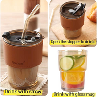 Coffee Mug Glass Tumbler With Silicone Straw and Lid 360 ml, Cup With Leather Sleeve