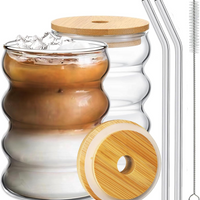 DrinkingWavy Glasses with Bamboo Lids and Glass Straw 14oz