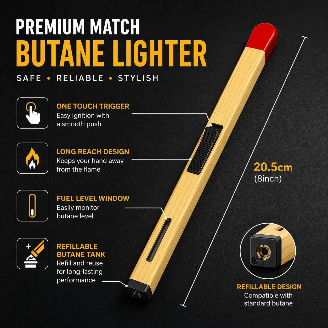 Match Stick Shaped Butane Lighter with Long Handle