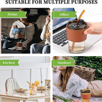 Coffee Mug Glass Tumbler With Silicone Straw and Lid 360 ml, Cup With Leather Sleeve