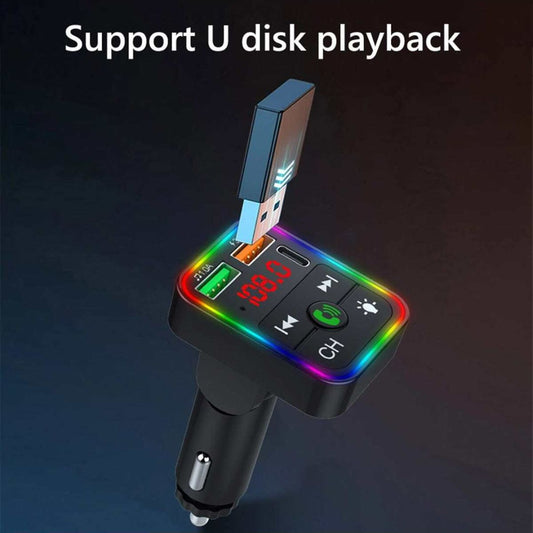 Bleutooth FM Transmitter F2 , MP3 Player with USB Flash Drive, Multi-Color Ambient Lighting, Dual USB 3.1 Type-C Fast Charger, and FM X8