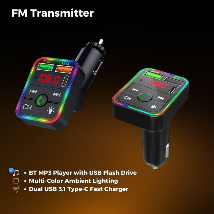 Bleutooth FM Transmitter F2 , MP3 Player with USB Flash Drive, Multi-Color Ambient Lighting, Dual USB 3.1 Type-C Fast Charger, and FM X8