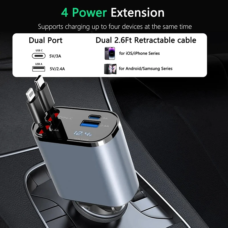 120W 4-in-1 Retractable Car Charger