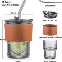 Coffee Mug Glass Tumbler With Silicone Straw and Lid 360 ml, Cup With Leather Sleeve