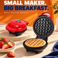 Beirux Store red mini non-stick waffle maker with freshly made waffles