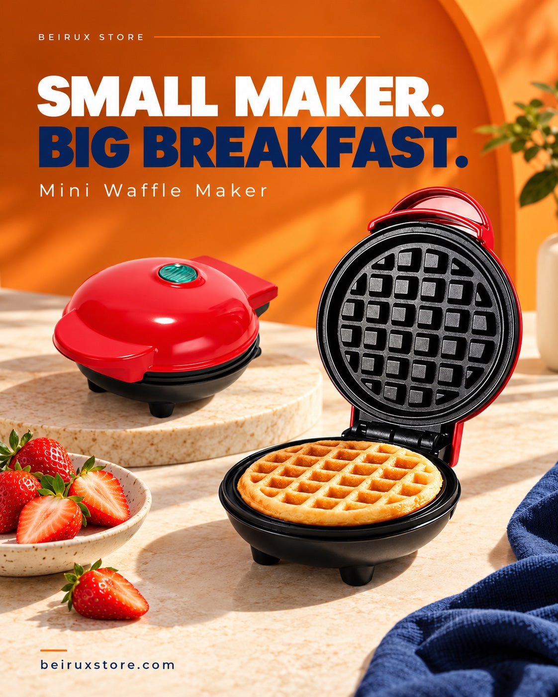 Beirux Store red mini non-stick waffle maker with freshly made waffles