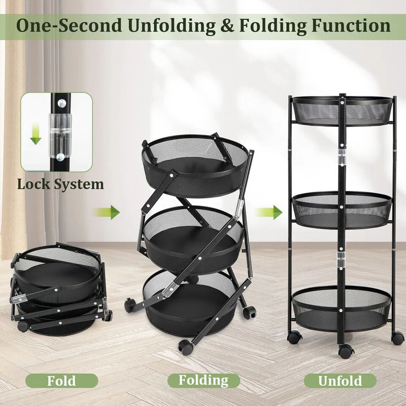 3-Layer Foldable Rolling Cart