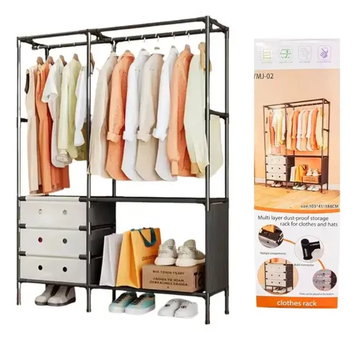 Double-rail clothes rack with shoe shelf and bag hooks — view 3