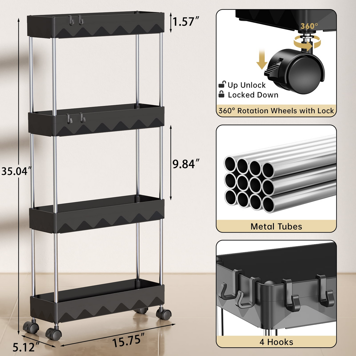 4 Tier Slim Rolling Storage Cart