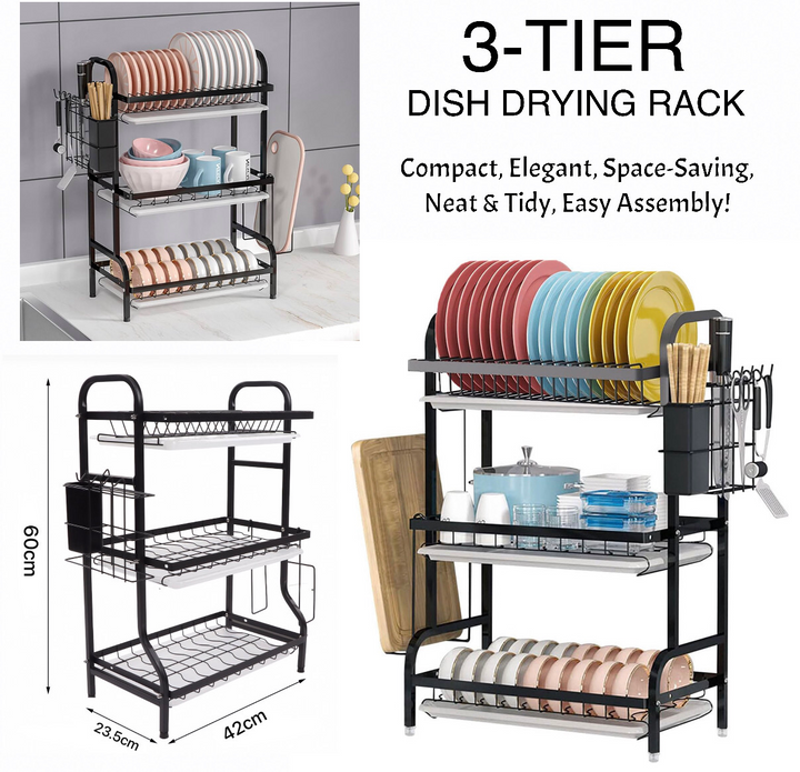 3-Layer Stainless Steel Dish Rack with Detachable Drainboard & Cutlery Holder