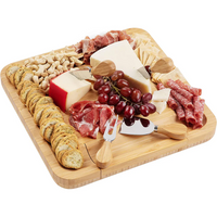 Bamboo Squared Board Wooden Serving Tray with Cutlery in Slide-Out Drawer